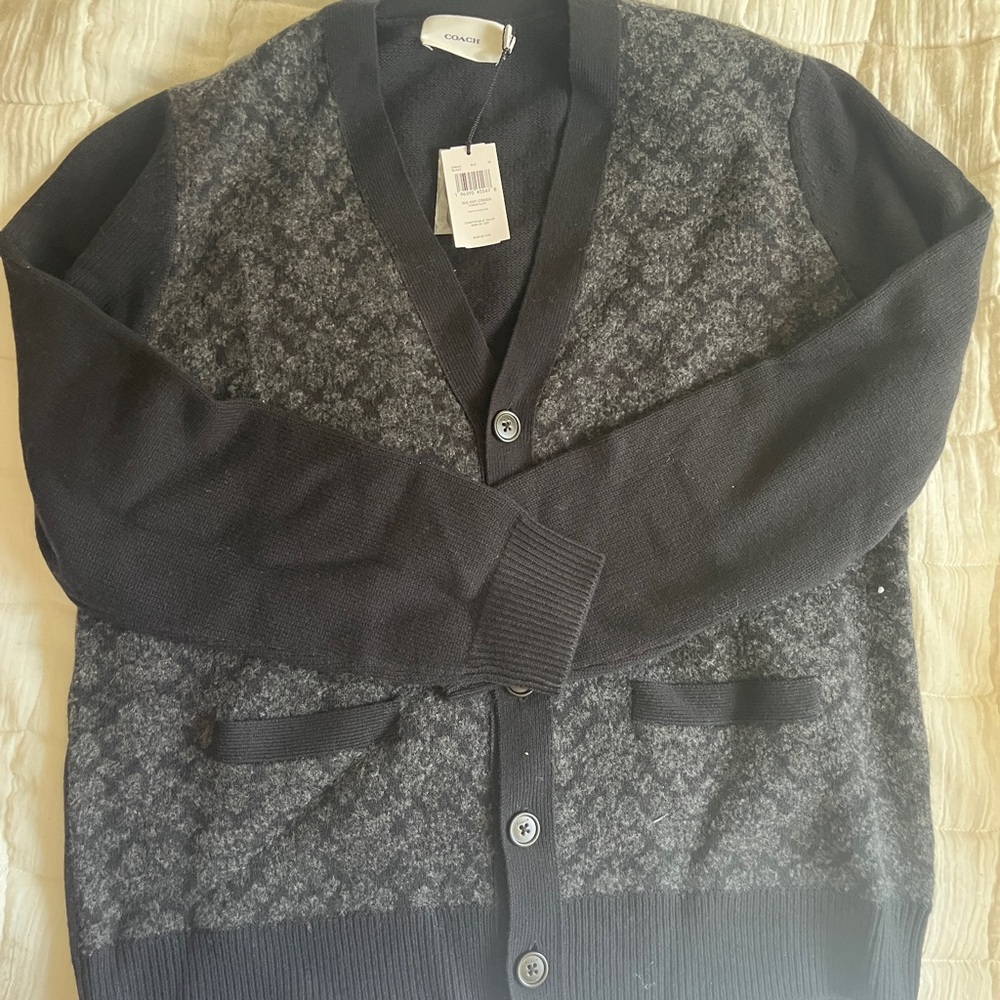 Coach Men’s Black and Gray Geometric Cardigan Sweater